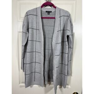 Saks Fifth Avenue Cashmere Grid Silver Metallic Open Sweater Cardigan Holiday